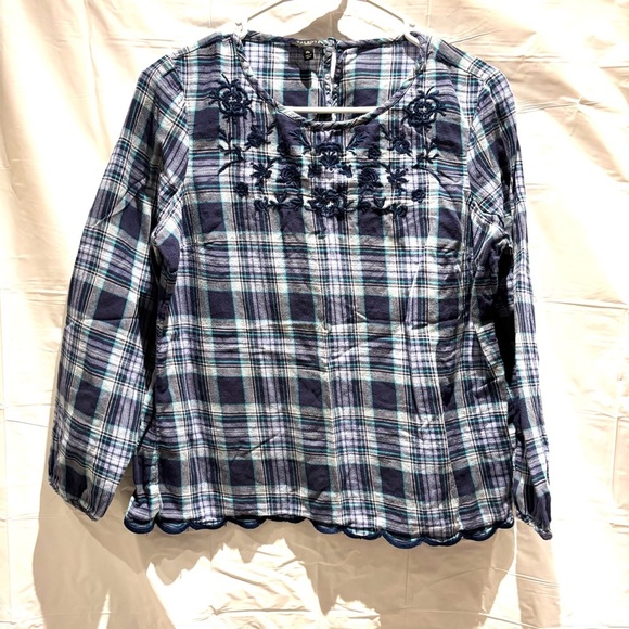 Talbots top plaid scalloped trim floral embroidered blue purple. SZ M P NWOT - Picture 12 of 13
